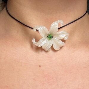 Acrylic Flower Pendant Necklace Iridescent Green Lily Handmade Boho Adjustable